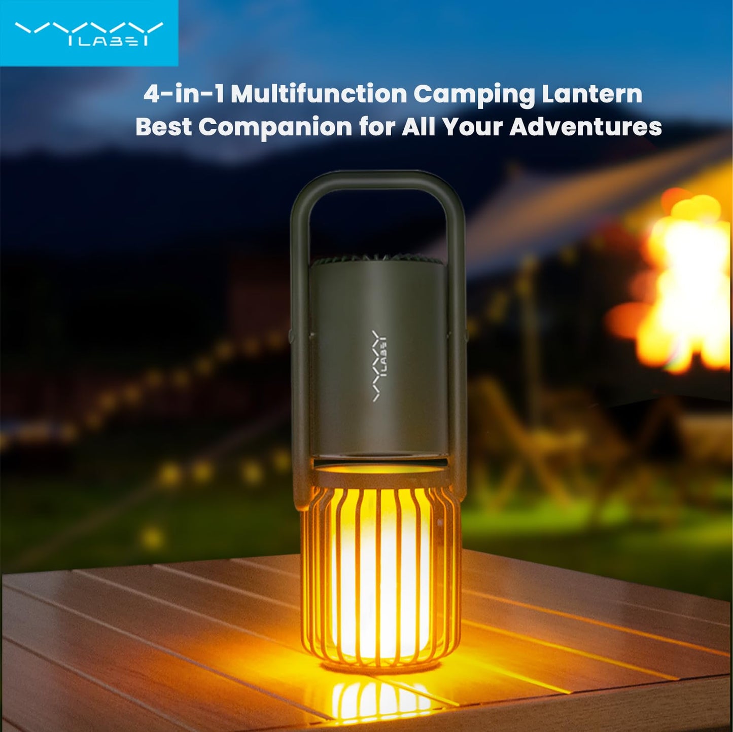 Vyvylabs Multifunctional Camping Lantern 4-in-1 - LED Rechargeable Lantern, Outdoor Bluetooth Speaker, 8000mAh Power Bank, 3 Light Modes - Black - IPX5 Waterproof