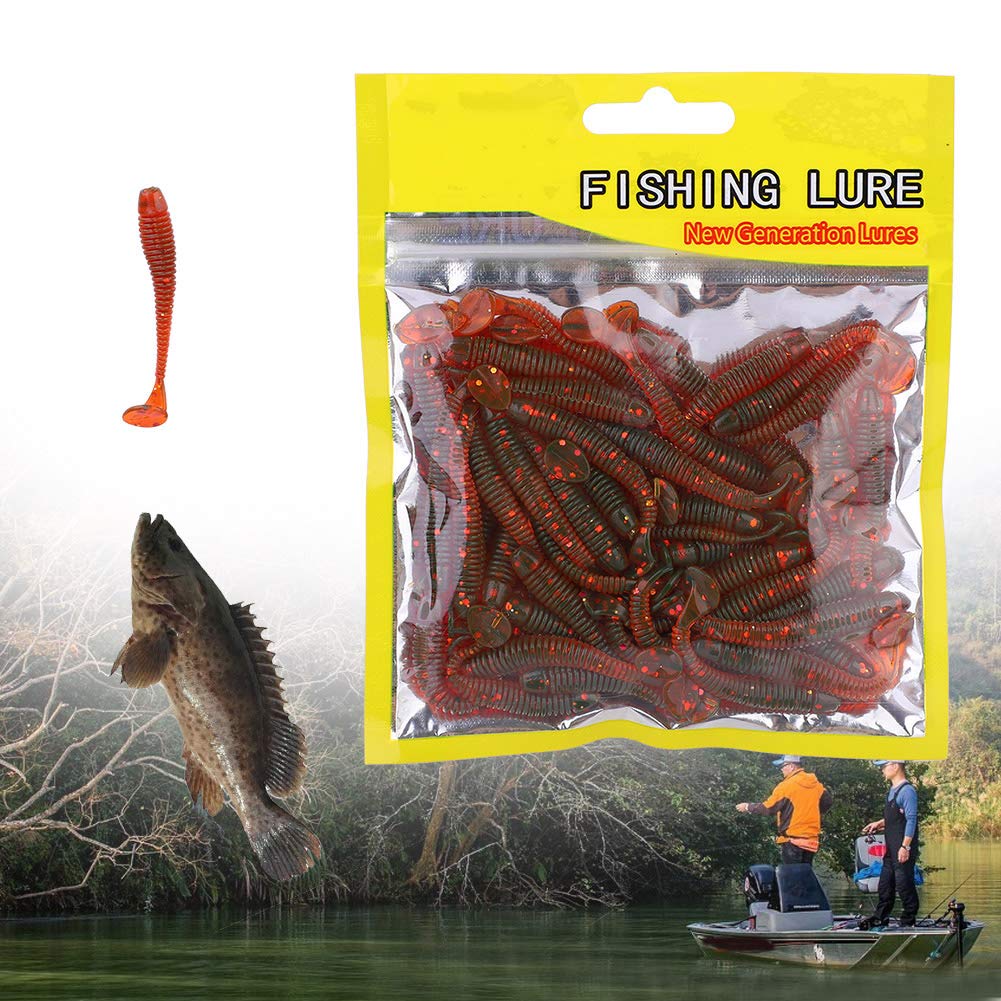 50PCS Fishing Lures Kit, 2in Plastic Fishing Soft Lures T Tail Grub Baits Fishing Swimbaits Fishing Fish Tackle Accessories (Red)