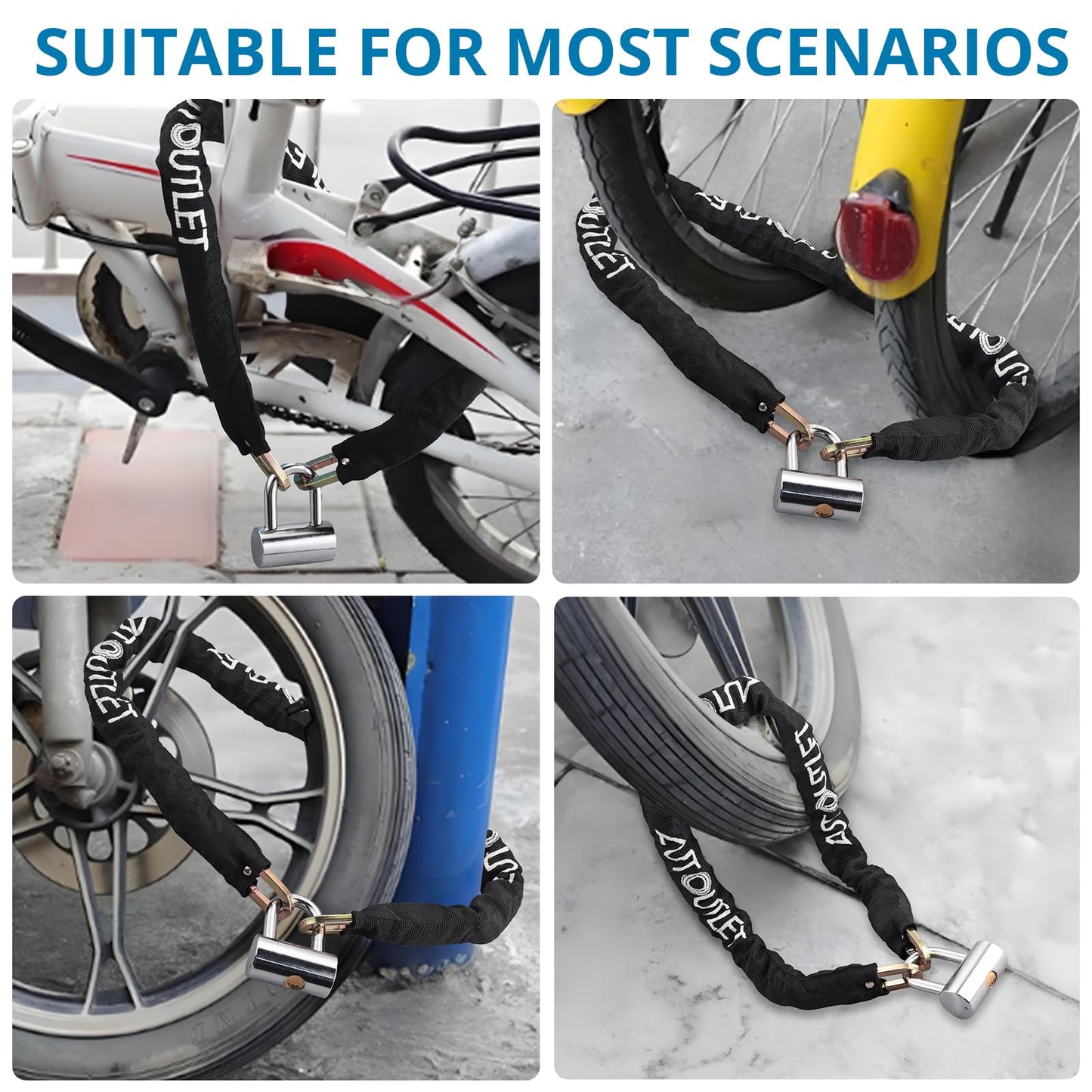 AUTOUTLET U-Lock Chain Lock, Full Metal U-Lock Chain Set with Crescent Copper Lock Cylinder for Motorcycle, Bicycle, and Trailer Security