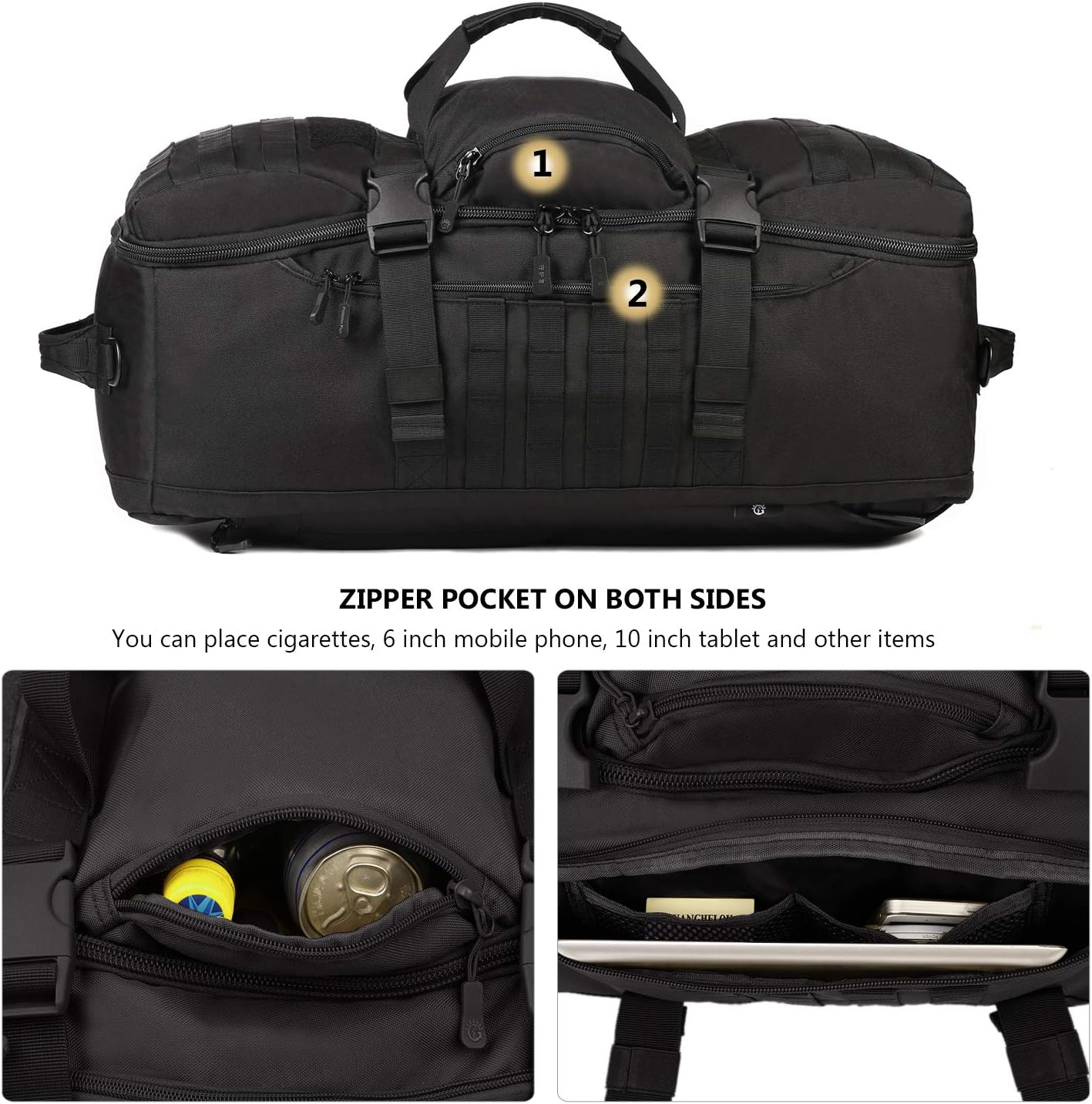 ArcEnCiel60L Outdoor Tactical Duffel Backpack Military Waterproof Suitcase Sport Luggage Hiking Camping Bag（Rain Cover+Patch）