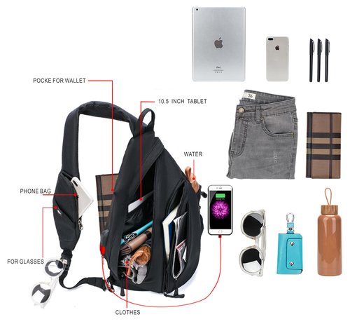 TurnWay Water-Proof Sling bag/Crossbody Backpack/Shoulder Bag with USB Charging Port for Travel, Hiking, Cycling, Camping (BLACK)