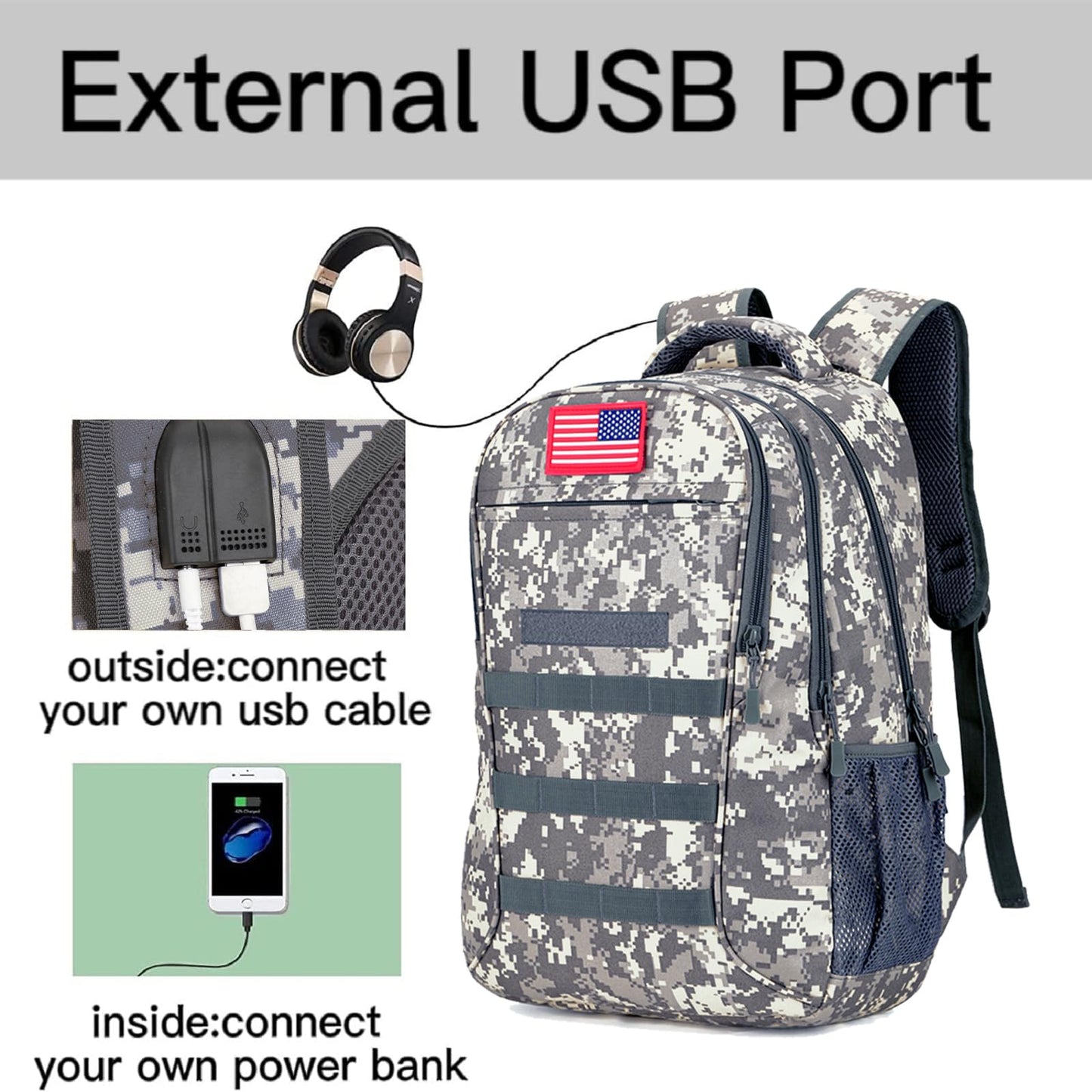 HYSANOG Boys Backpack for School,Military Teen Boys Backpack with USB Charging Pot,Camo Backpack Men 40L