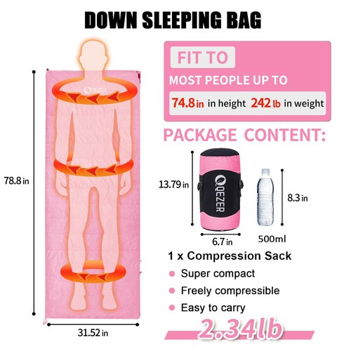 Down Sleeping Bag for Adults, Ultralight Wearable Sleeping Bag for Backpacking, Can Be Used as a Blanket or Mat (Pink)