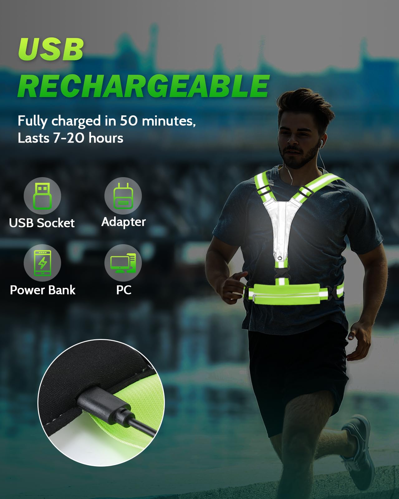 Fitense LED Reflective Running Vest with Phone Holder, 5 Colors Light Up Running Vest Rechargeable Running Lights for Runners High Visibility Reflective Running Gear, Adjustable for Men and Women
