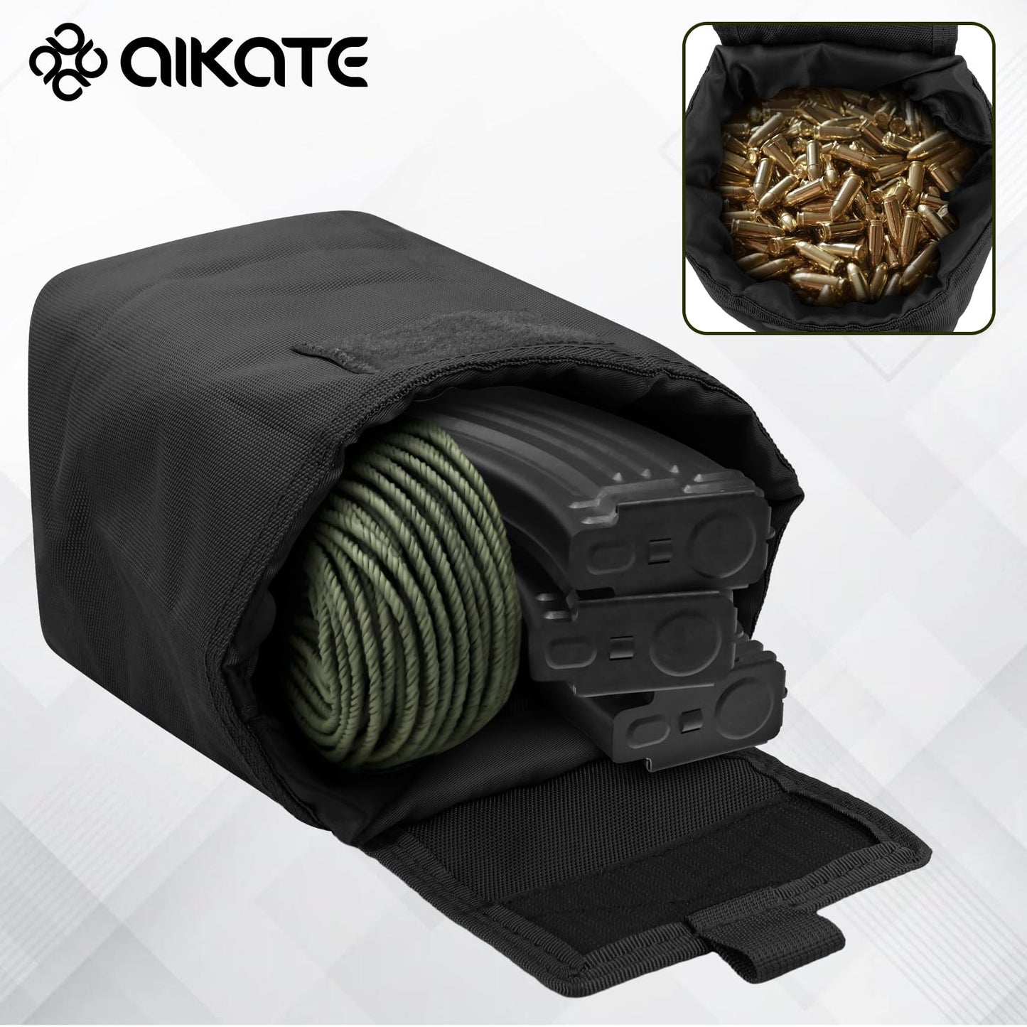 AIKATE Tactical Molle Dump Pouch, Roll-Up Drawstring Magazine Utility Pouch, Folding Dump Bag (Black)