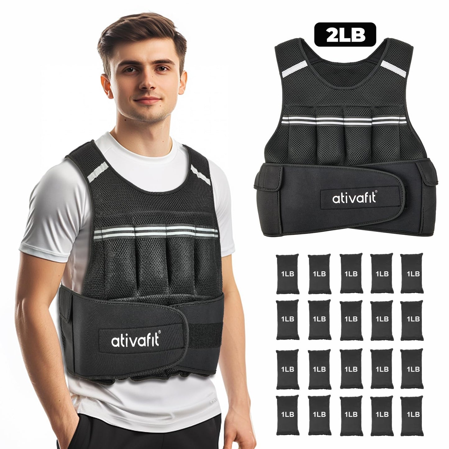 Ativafit Adjustable Weighted Vest Women Men with Reflective Design 2 4 6 8 10 12 14 16 18 20 22 Lbs Running Vest for Strength Training, Walking, Jogging, Weightlifting, Running Men Women Kids 2-22 Lbs (Black)