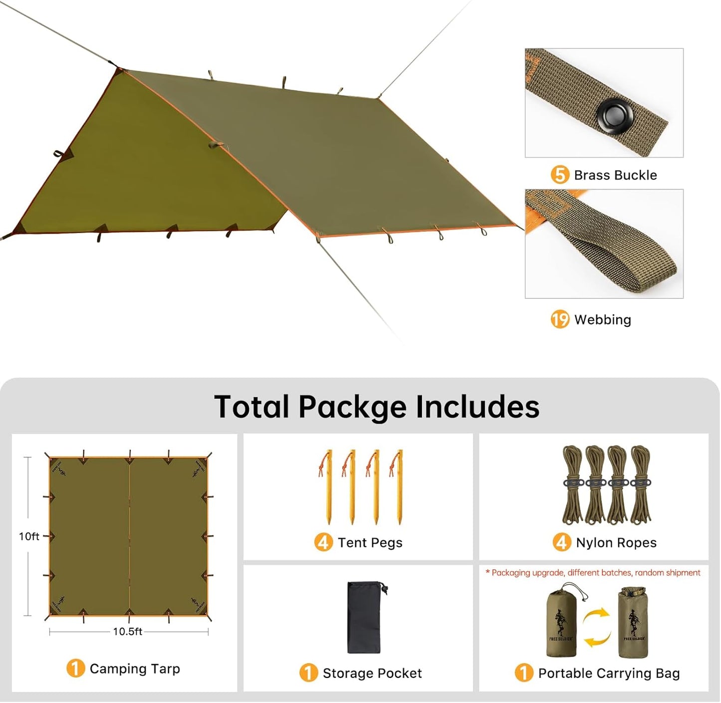 FREE SOLDIER Waterproof Portable Tarp Multifunctional Outdoor Camping Traveling Awning Backpacking Tarp Shelter Rain (Brown 10×10.5ft)
