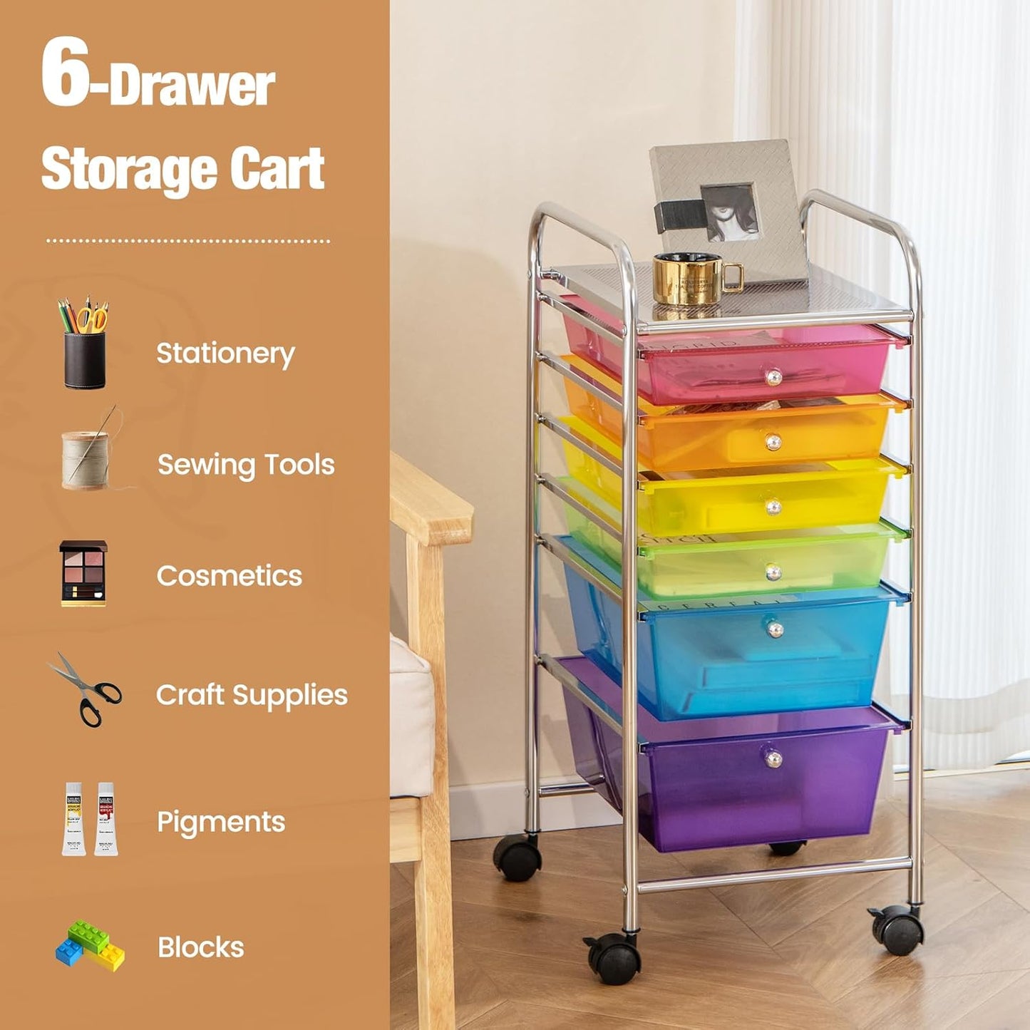 RELAX4LIFE 6-Drawer Rolling Storage Cart - Classroom Organization on Wheels w/Removable Plastic Drawers, Mobile Art Craft Cart for School Paper Home Office, Utility Cart with Drawers (Macaron)