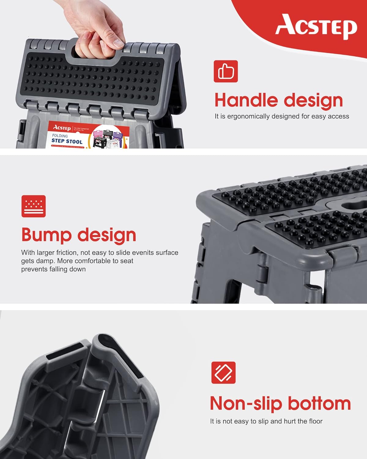 ACSTEP Folding Step Stool Foldable Stool 7.5 Inch Height Kids Step Stool, 300 lb Capacity Plastic Collapsible Stool, Stepping Stool with Handle Black Small Step Stool, Foot Stool Suitable for Kitchen