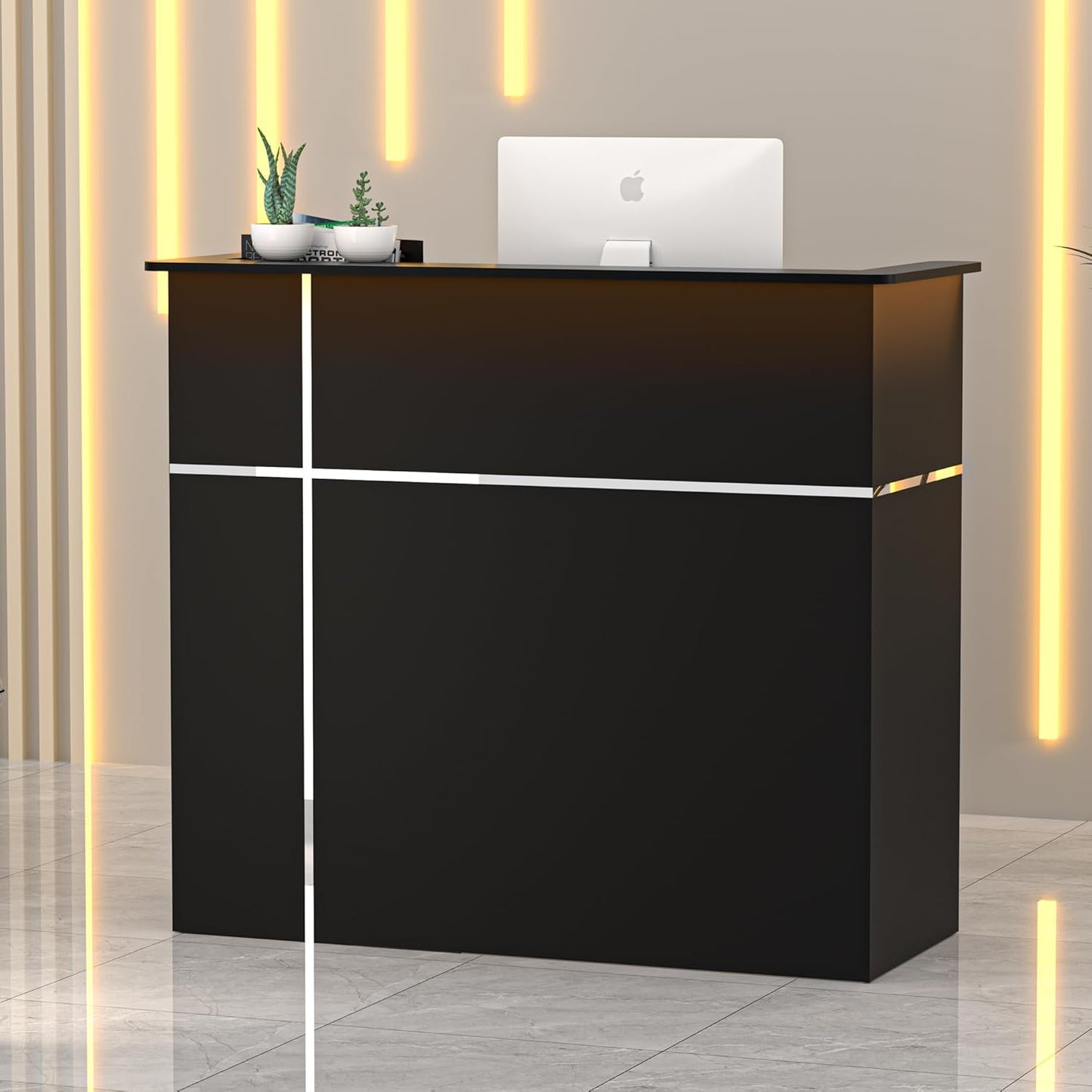 AHB Reception Desk with Counter, Modern Front Table Equipped Lockers & Storage Shelves, 50-inch Checkout Counter with LED Lights & DIY Stripe for Lobbies, Salons, Retail, Home Offices, Reception Room