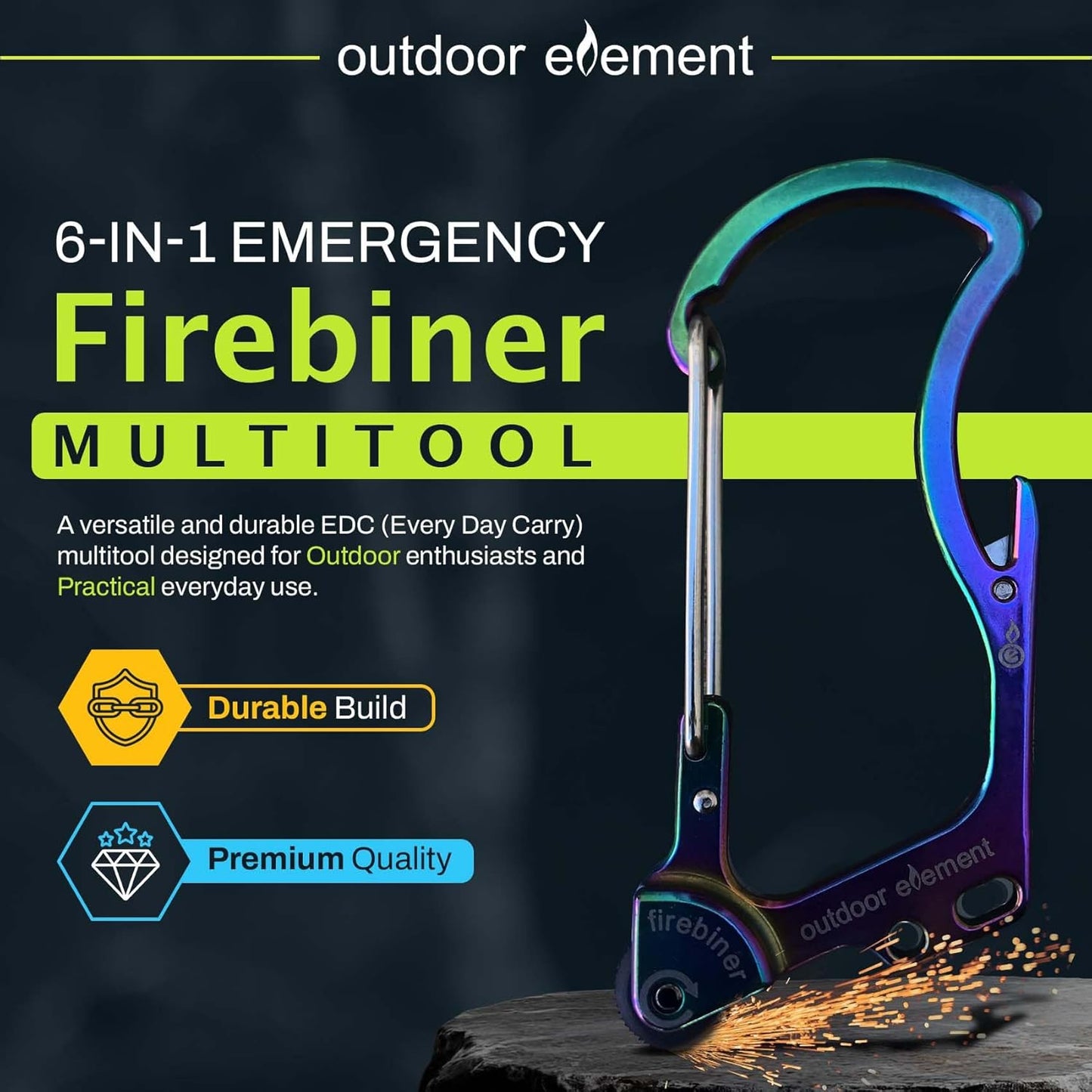 Firebiner 6-in-1 Fire-Starting Carabiner EDC Emergency Multitool -Keychain,Utility Blade,Bottle Opener,& More