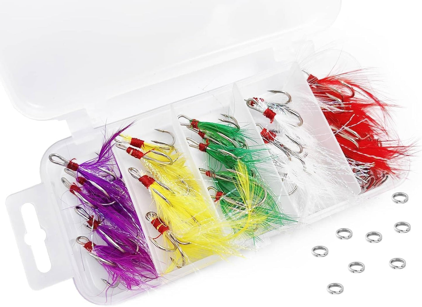 Fishing Treble Hooks Feather Hook: Dressed Fishing Hooks Set with Split Rings for Making Fishing Lure