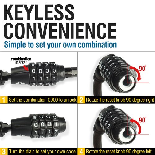 MARQUE Straight Combination Bike Lock Cable - 3/8 inch (5FT, 10FT, 15FT, 25FT) Resettable Combination Lock, Anti-Theft Security Cable for Bicycles, Kayaks, Paddle Boards and Outdoor Gear (05 FT)