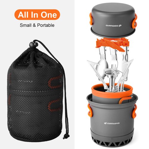 Odoland Camping Pots with Heat Exchanger Camping Cooking Set with Portable Camping Stove Camping Mess Kit Include Mug, Folding Utensil Set, Canister Stabilizer for Backpacking Outdoor Hiking & Picnic
