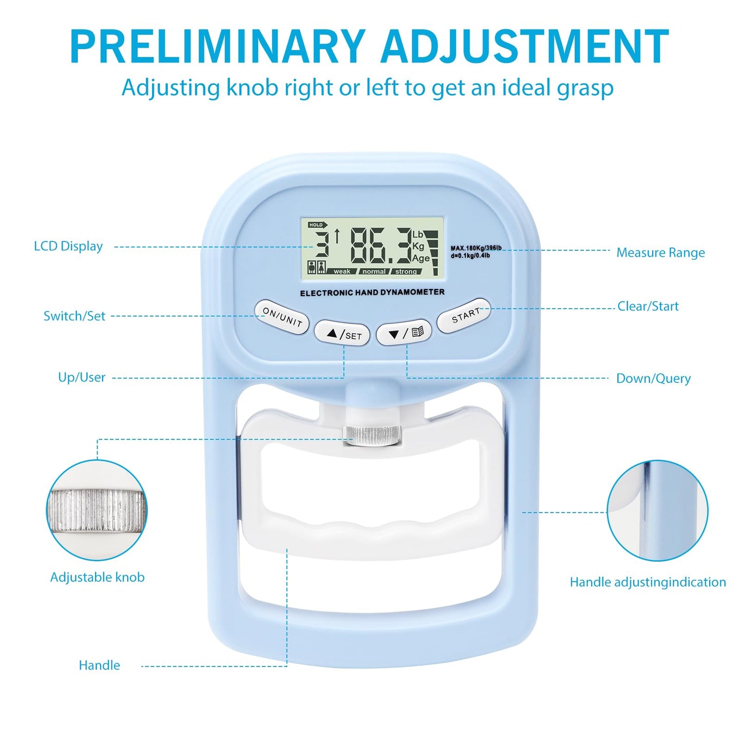 Hand Grip Strength Tester,Electronic Hand Grip Dynamometer,Digital Hand Grip Strength Trainer for Physical Training 396 Lbs for Sport Home School