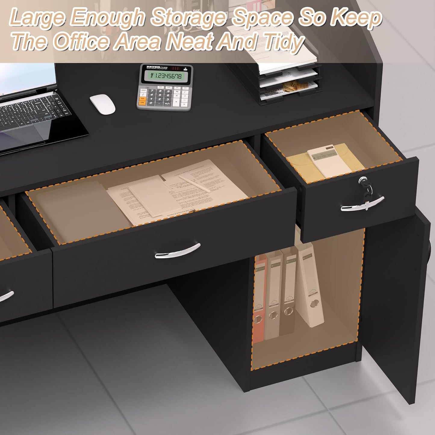 AHB Reception Desk with Counter, Modern Front Table Equipped Lockers & Storage Shelves, 50-inch Checkout Counter with LED Lights & DIY Stripe for Lobbies, Salons, Retail, Home Offices, Reception Room