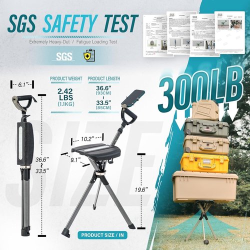 STEP2GOLD Ta-Da Chair Series 2 PRO, Portable Walking Stick, Cane with Seat, Foldable Chair, Hiking Stick, for Camping, Hiking, Lightweight Aluminum, Easy Carry, Anti-Slip (Black)