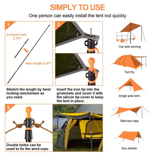CAMULAND Tent Poles, Heavy Duty Tarp Poles Canopy Poles Aluminum Tent Poles with Non-Slip Cone Bottom, Adjustable Telescoping Tarp Poles