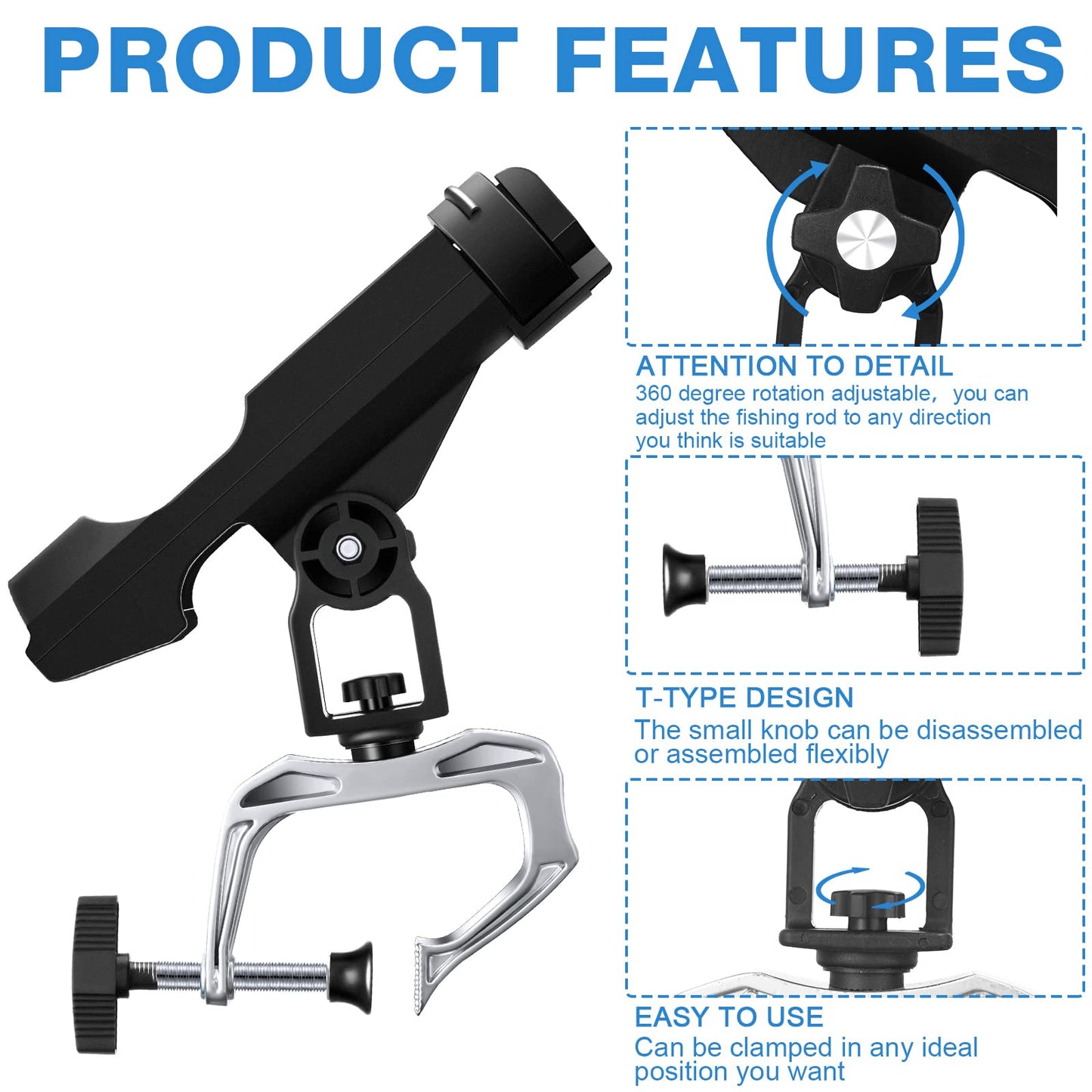 4 Pcs Fishing Boat Rods Holder 360 Degree Adjustable Folding Fishing Pole Holders with Large Clamp Opening for Boat Trolling Holder Pole Stand Rack Rod Bracket for Kayak Canoe Dock