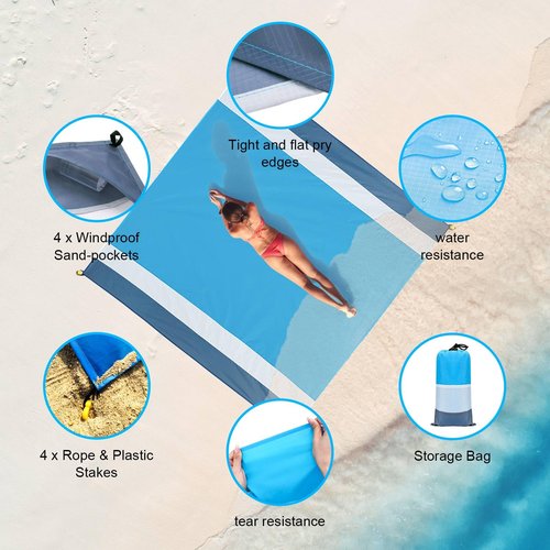 BREENHILL Large Mesh Beach Bag & Blue Beach Blanket 83"x79" 2Pcs Travel Accessories Comfort Lightweight Beach Accessories Mat Pool Bag Blanket Mat