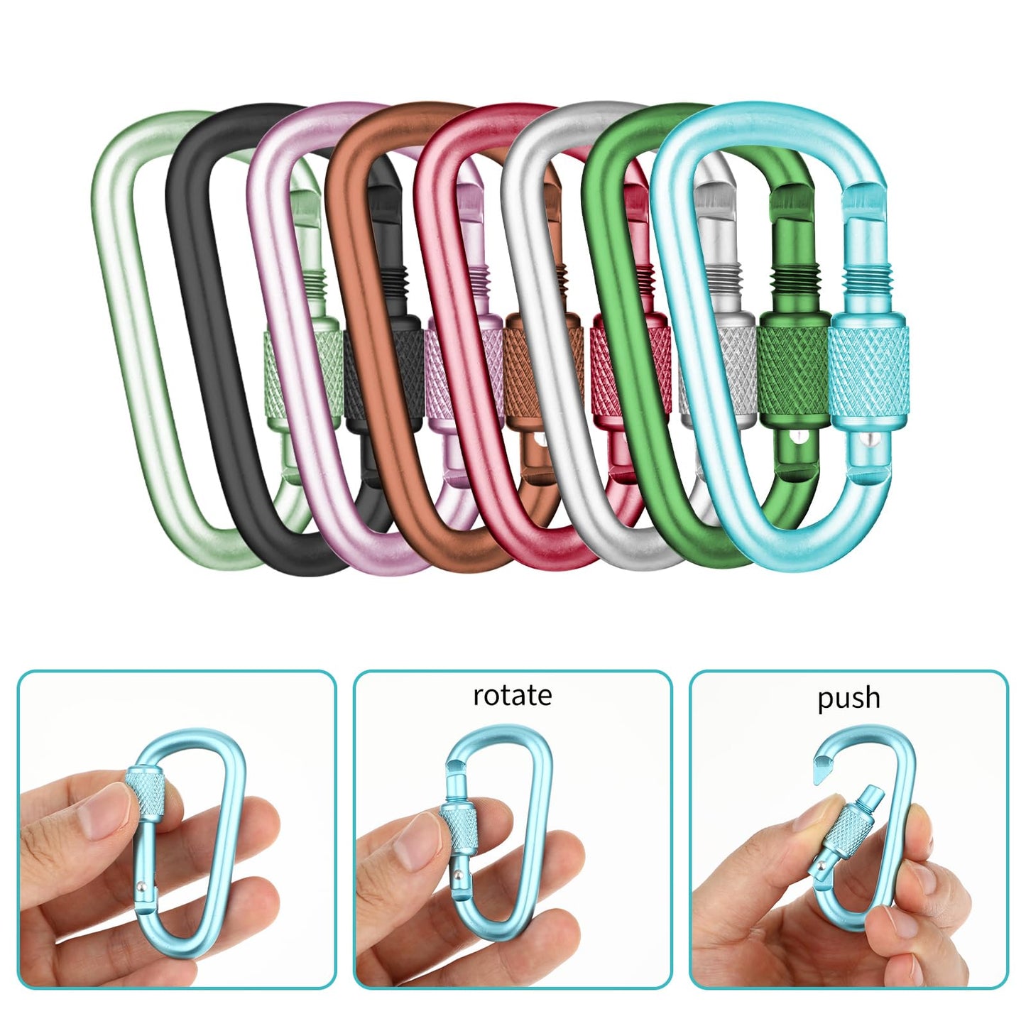 8 Pcs Locking Carabiner, Ymapinc D-Ring Locking Carabiner Keychain Hiking D Clips, Snap Hook Sport Accessories for Outdoor Camping Hiking Keychain Dog Leash