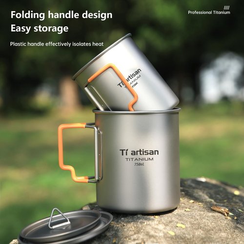 Ti artisan Titanium Cup Camping Pot Ultralight Coffee Mug 450ML/750ML Water Cup with Foldable Handles and Lid For Outdoor Camping Hiking Backpacking (450ML)