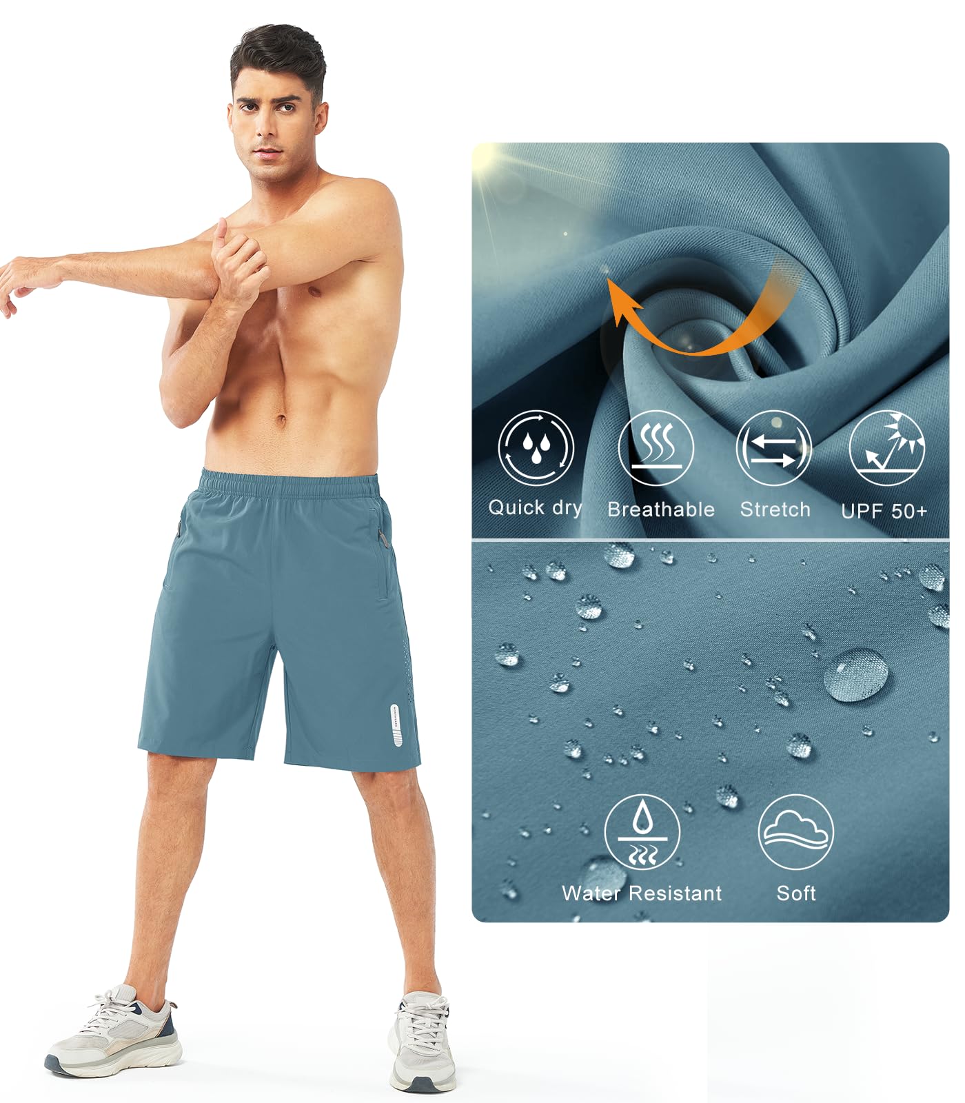 NORTHYARD Men's Athletic Running Shorts Gym Workout 7"/9"/5" Quick Dry Lightweight Sports Basketball Tennis 3 Zipper Pockets GREYBLUE-9inch 2XL
