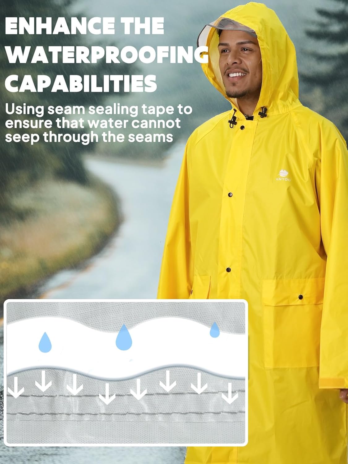 ANYOO Hood Rain Poncho Waterproof Lightweight Raincoat for Men Women Adult with Pocket for Hiking Camping Outdoor Activities