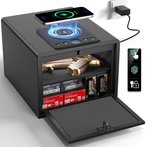 Grimtron Biometric Gun Safe for Handgun with Wireless Charging,Pistol Safe Quick Access Auto Open, Silent Mode and Adapter Nightstand Pistol-Safe up to 4 pstols (Black)