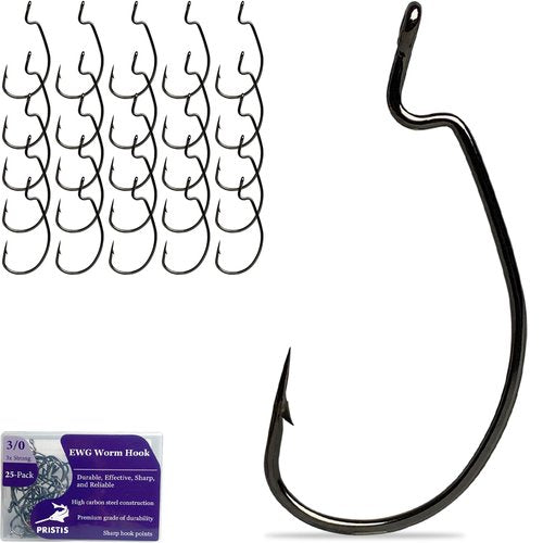 Pristis 25 Pack 3/0 EWG Worm Hooks, Reinforced High Carbon Steel Inline Strong Barbed Wide Gap Shrimp Fishing Hook Set for Saltwater Freshwater, Weedless Texas Rig Jig for Bass Walleye Muskie Catfish