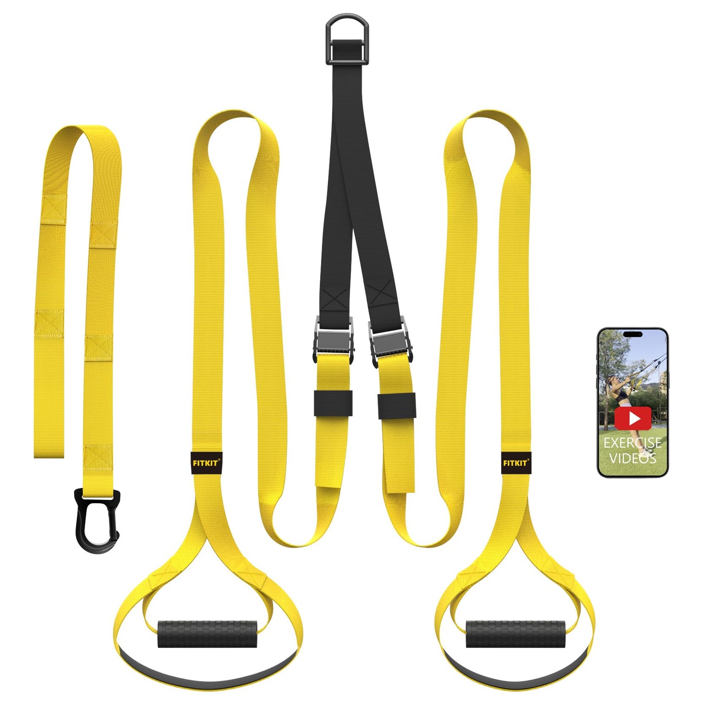 FITKIT Suspension Bodyweight Fitness Training Kit, Full Body Workouts Home Gym Resistance Trainer Straps for Total Body Workouts (Yellow)