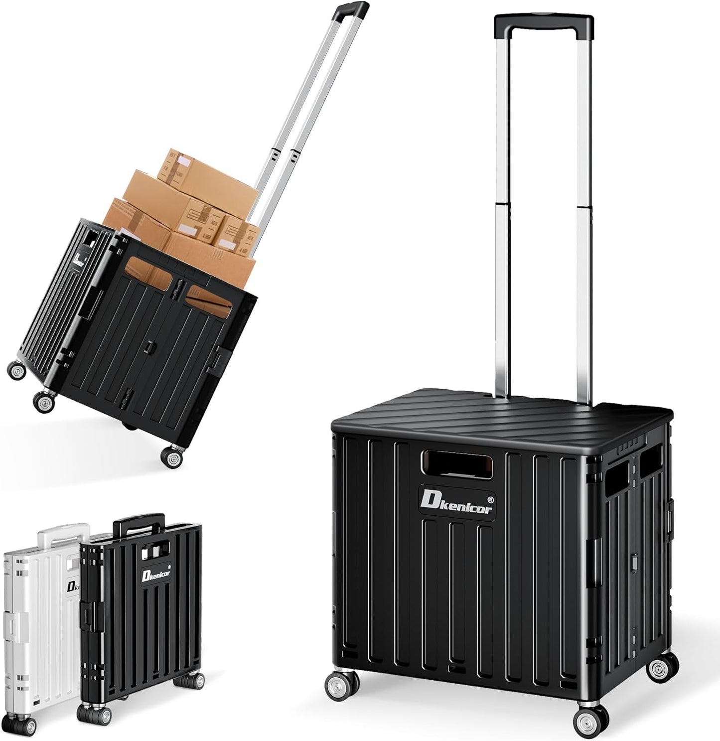 Folding Utility Cart with Lid, Portable Rolling Crate Handcart Collapsible Shopping Trolley, Durable Plastic Foldable Tool Basket with 4 Rotate Wheels for Grocery, Office, Luggage, School - White