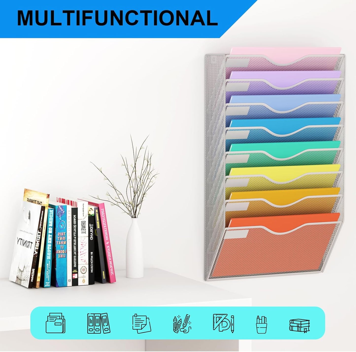 5 Pockets Mesh Hanging Wall File Holder Organizer Wall Mounted Paper Magazine Rack, Black