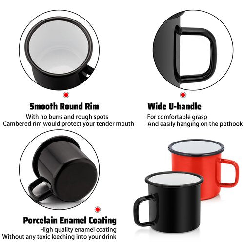 P&P CHEF Enamel Coffee Mugs Cups Set of 2,12 Oz Small Enamel Camping Cup for Coffee Water Soup, Indoor and Outdoor Use, Portable & Sturdy, Black & Red