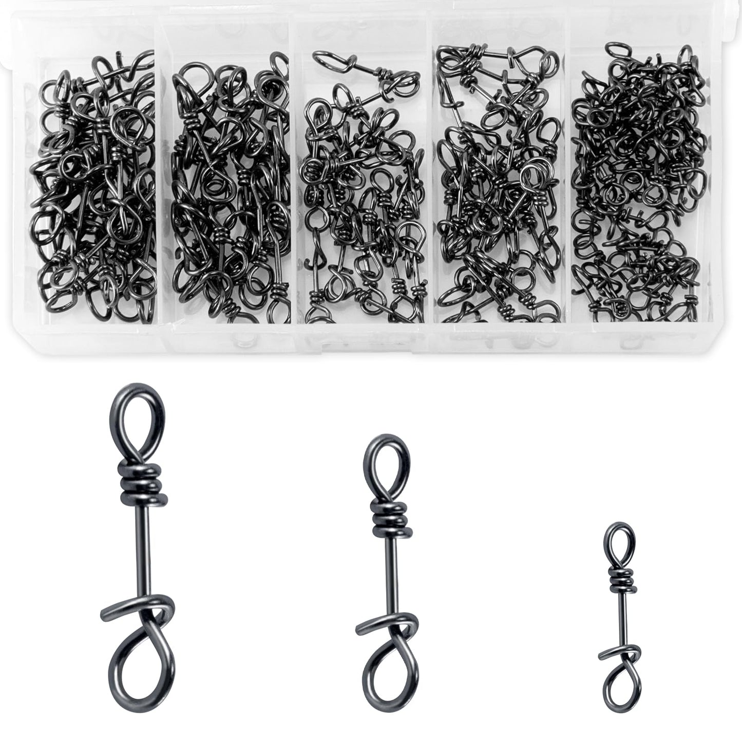 Alwonder 150-Pack/Box Fly Fishing Snaps Twist Clips, 3 Sizes Stainless Steel Quick Change Lure Snaps No Knot Clip Quick Snap Fast Snap Lure Connector for Flies Jigs Lures Fishing Clips Swivels Tackle