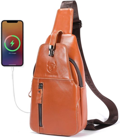 Cross Body Bag Genuine Leather Sling Bags for Men Shoulder Bag with USB Charging Port Backpack for Travel (Tan)