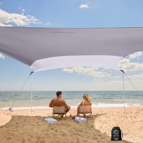 WEKAPO Beach Shade Canopy, 7x7 FT Beach Tent Sun Shelter with 4 Poles, Large Sand Shovel and Ground Pegs, UPF 50+ Outdoor Shade for Camping Trips, Fishing (Grey, 7x7 FT 4 Pole)