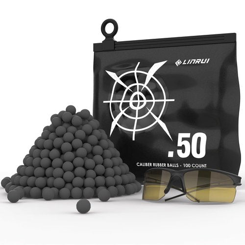 LinRui 100ct .50 Cal Paintballs Reusable for Training, Non-Lethal .50 Cal Self Defense Rubber Balls Ammo, 50 Caliber Paintball Projectiles for T4ET TR50/HDR 50, with Goggle