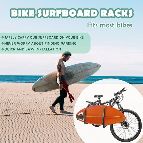Mosxoed Bicycle Surfboard Racks, Bike Surf Board Compatible with Shortboards, Longboards, SUP Paddleboards, Outdoor Sports Surfing Wakeboard Carrier Mount for Bike, Quick Release Bars