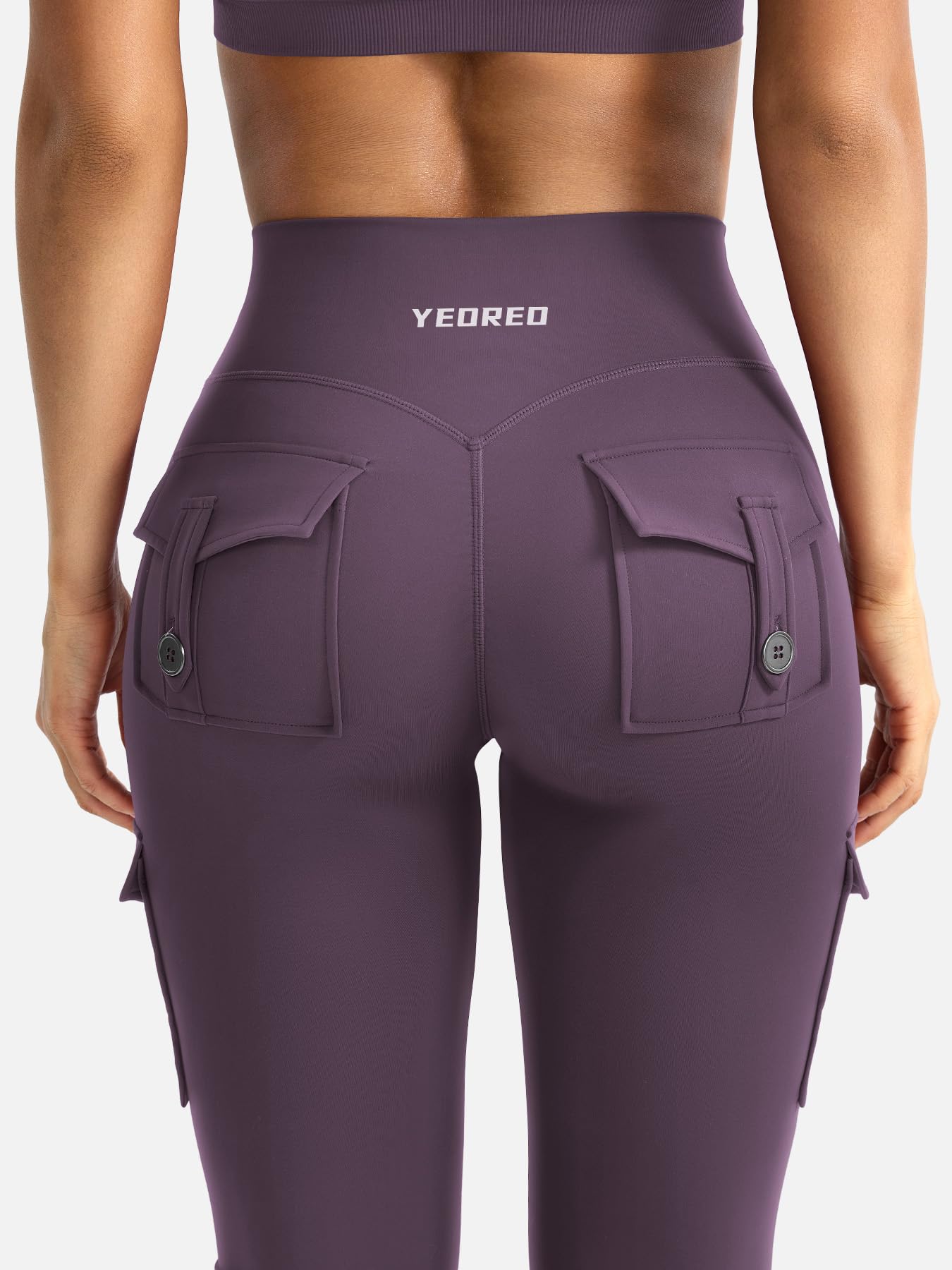 YEOREO CoreFlex Women Workout Flare Leggings with Pockets Hidden Scrunch Cargo Gym Yoga No Front Seam Leggings Black Berry Purple S