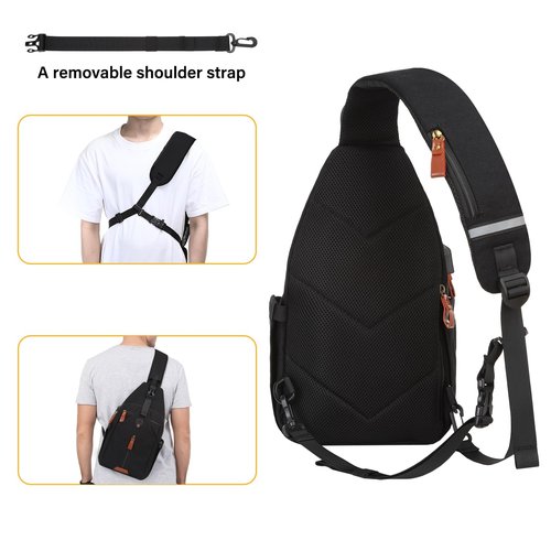 MOSISO Sling Backpack Travel Hiking Daypack, Vintage Canvas Crossbody Sling Chest Bag with USB Charging Port&Removable Strap, Black