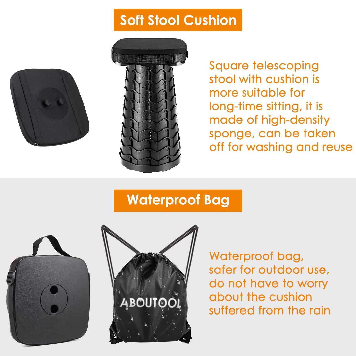 aboutool Collapsible Stool with Soft Removable Cushion & Waterproof Carry Bag - Lightweight Folding Stool, 485lbs Capacity, Portable for Adults, Camping, Fishing, Hiking, Outdoor, Travel