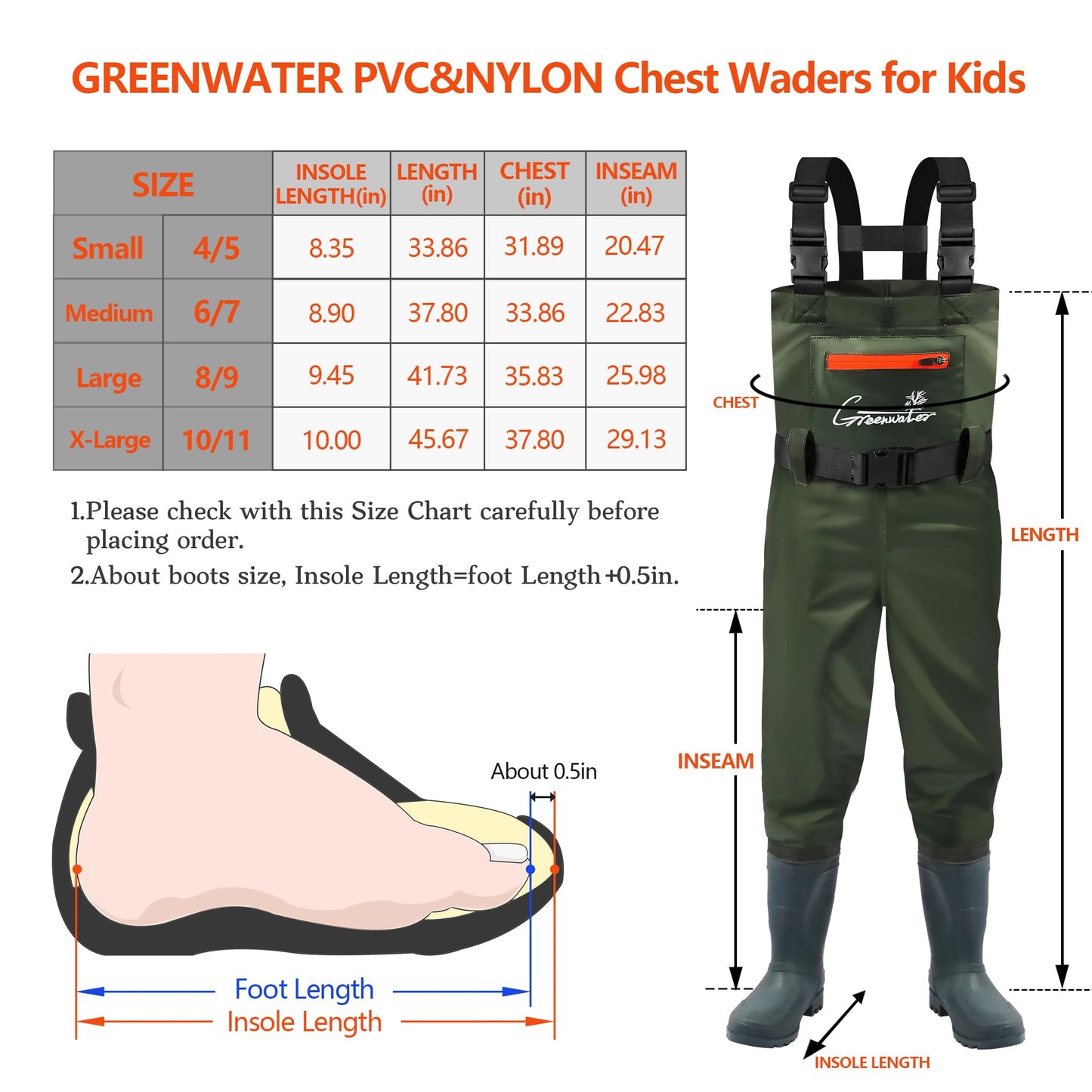 GREENWATER Kids Chest Waders Youth Fishing Waders with Boots Waterproof for Children Boys Girls Hanger & Bag Included (Green, 8-9Y)