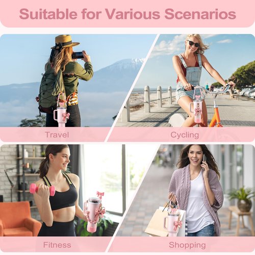 Stanley Cup Accessories Set,Bow Straw Cover, Water Bottle Handle Strap, Siliocne Cup Boot, Pearl Charms, Straw Topper for 40oz & 30oz Stanley Tumbler for Women (Pink)