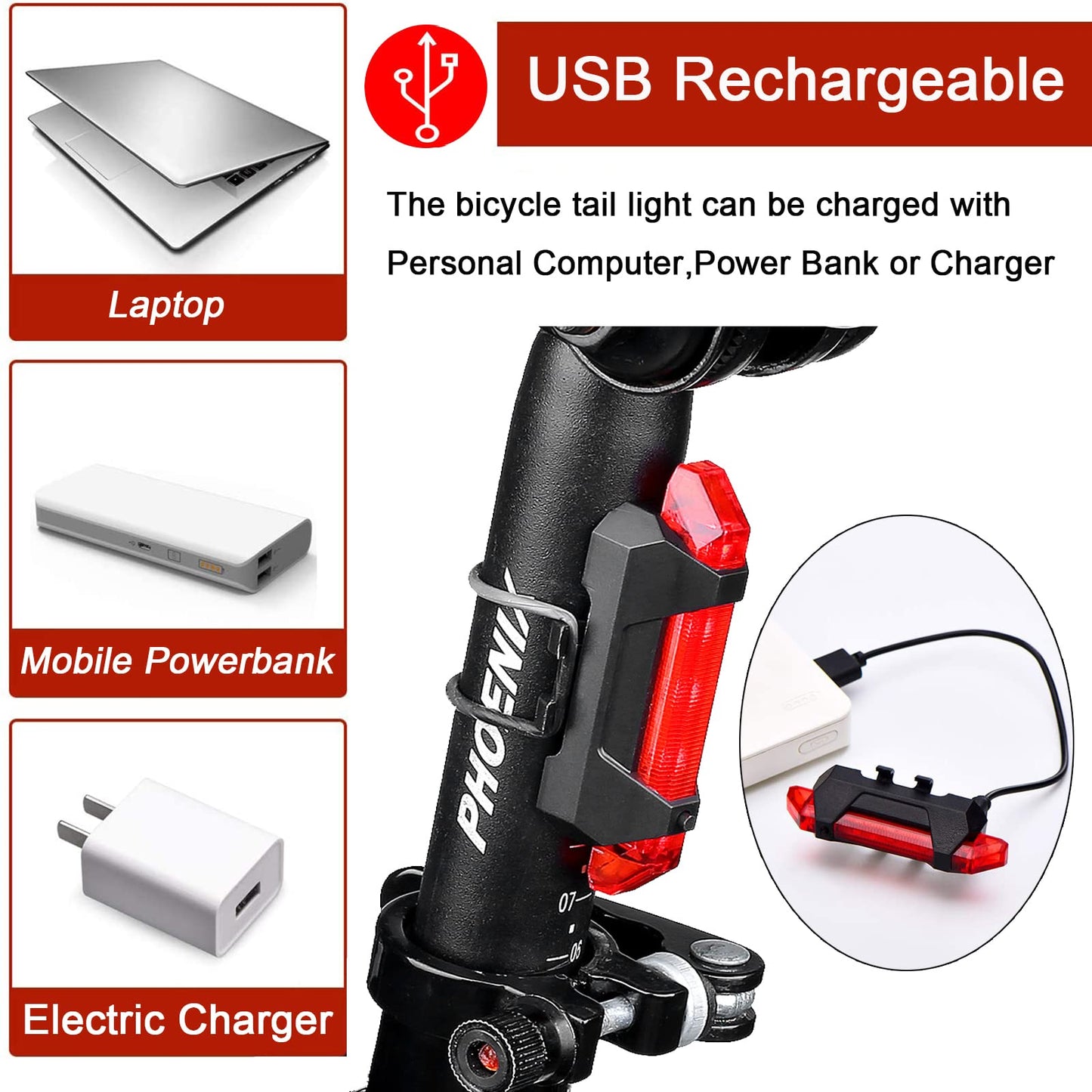 YUERWOVER 2 Pack USB Rechargeable LED Bicycle Rear Lights Cycling Bike Taillight Red Seat Back Safety Lamp Night Riding Essential Waterproof 4 Modes Warning Light for Men Women Kids MTB Accessories