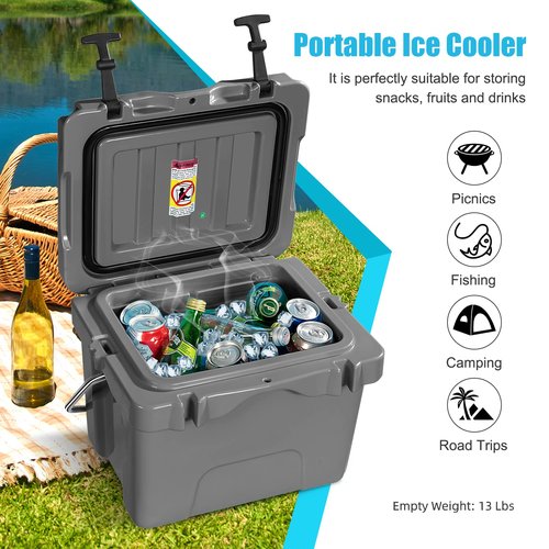 COSTWAY 16 Quart Grey Portable Hard Cooler with 2 Cup Holders, 3-5 Days Ice Retention, Heavy Duty Handle and Anti-Slip Foot Pads
