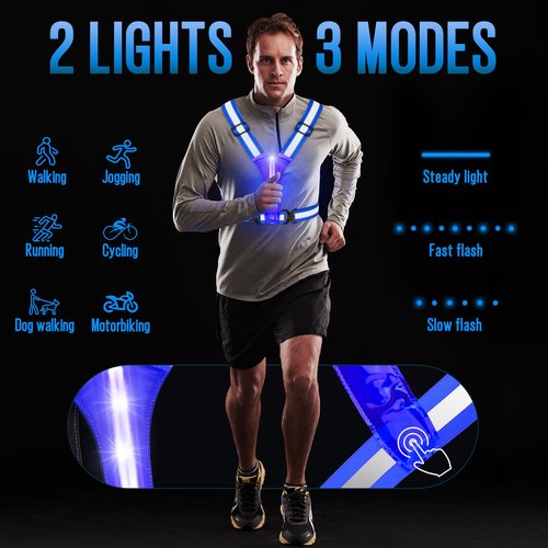 OMKHE LED Reflective Vest Running Gear, Lights Up Running Vest Rechargeable, High Visibility Reflective Running Gear for Night Walking Running Cycling Jogging (Blue)