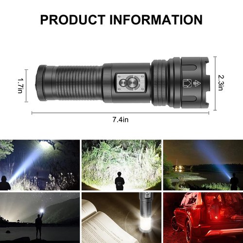PINSAI Super Bright Rechargeable Large Flashlights, 2 in 1 Flash Light Lantern High Lumens, LED Zoomable Tactical Flashlights, Waterproof Multifunction Red Camping Light for Emergencies, Outdoor