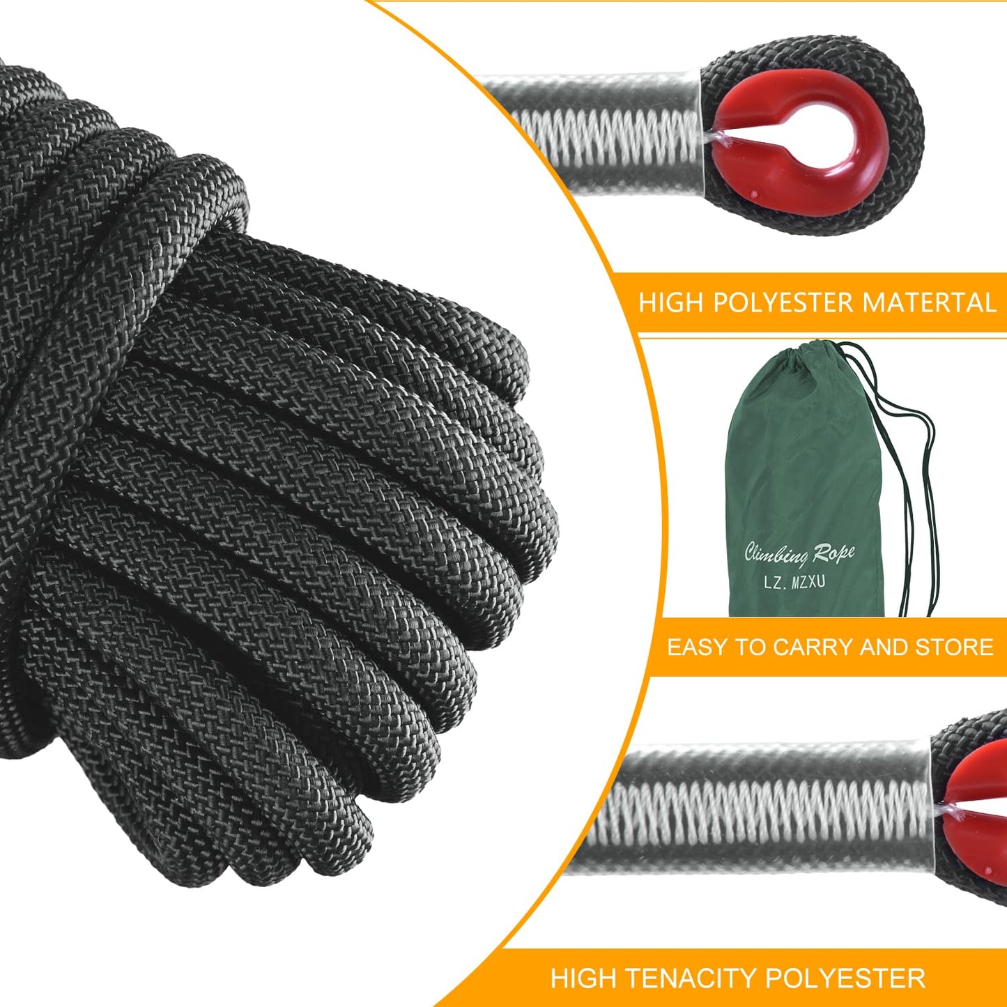 LZ.MZXU Climbing Rope, 12 mm Static Climbing Ropes, 32FT(10M) 65FT(20M) 100FT(30M) 164FT(50M) Outdoor Rock Climbing Rope with Hook, Safety Rappelling Ropes, Fire Rescue Parachute(Green, 32FT)
