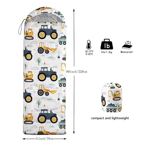 Smell Sunshine Kids Sleeping Bag for Boys Girls,Truck Tractor Excavator Print-Lightweight Warm Portable Outdoor Indoor-Waterproof Cold Weather Resistant Sleeping Bag for Camping Hiking(Tractor)